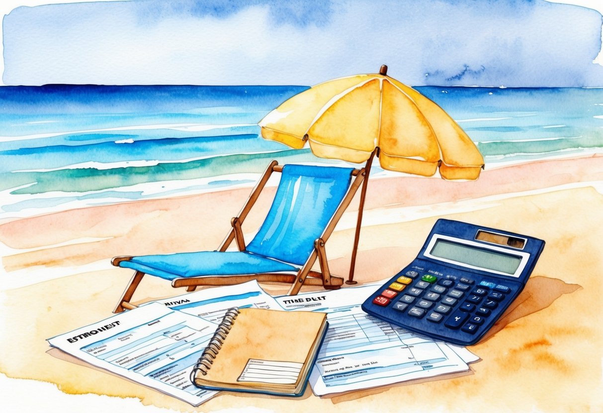 A serene beach with a comfortable retirement setting, including a beach chair, umbrella, and a calculator surrounded by financial documents