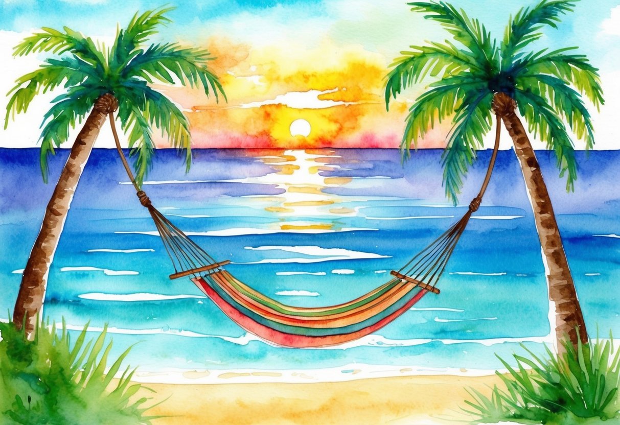 A serene beach with a hammock strung between two palm trees, overlooking a crystal-clear ocean and a vibrant sunset on the horizon