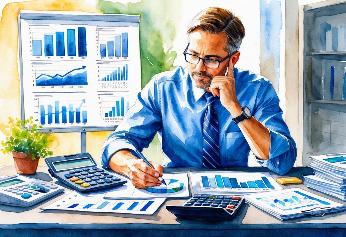 A financial advisor at a desk, surrounded by charts, graphs, and a calculator. They are deep in thought, analyzing numbers and projections for retirement planning