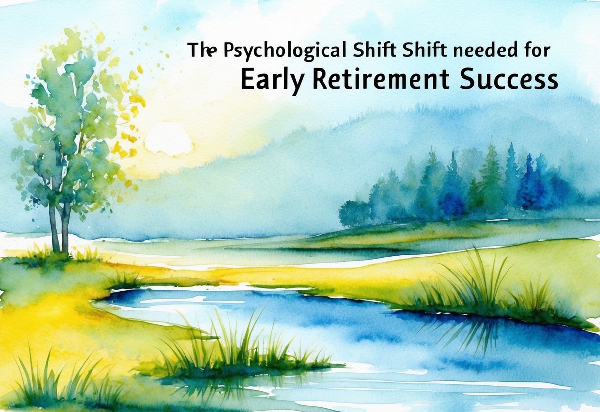 A tranquil setting with a serene landscape, featuring a peaceful and content atmosphere, symbolizing the psychological shift needed for early retirement success