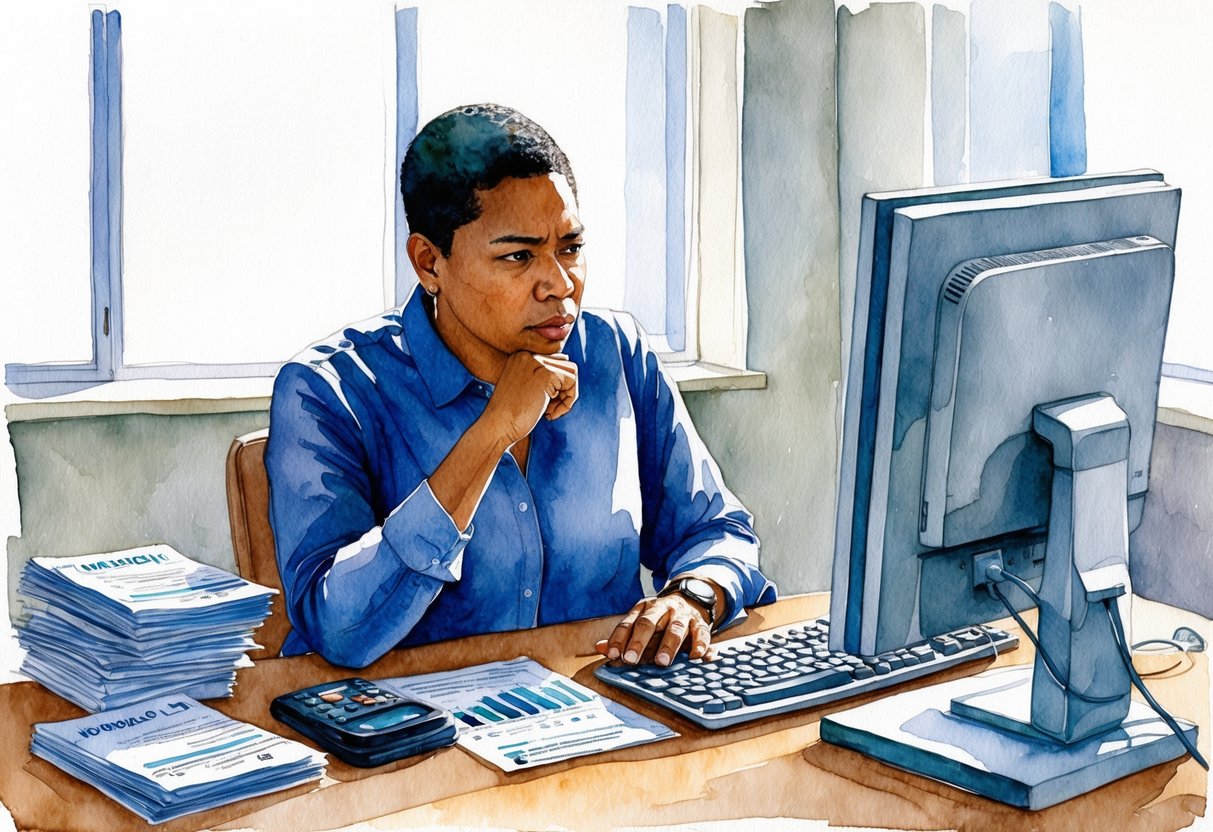 A person sitting at a desk surrounded by financial documents, a computer, and a planner. They are deep in thought, with a determined expression on their face