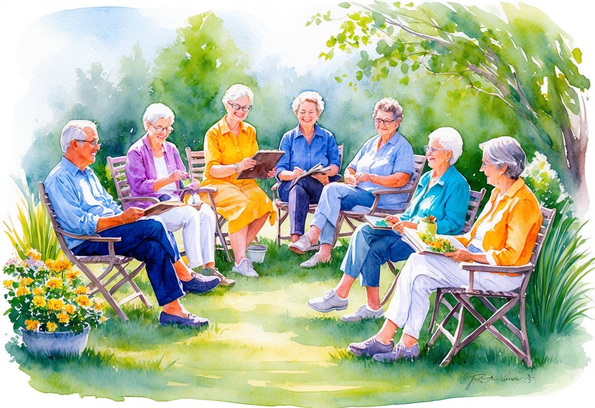 A group of retirees engaging in leisure activities, such as gardening, painting, or reading in a tranquil and serene environment