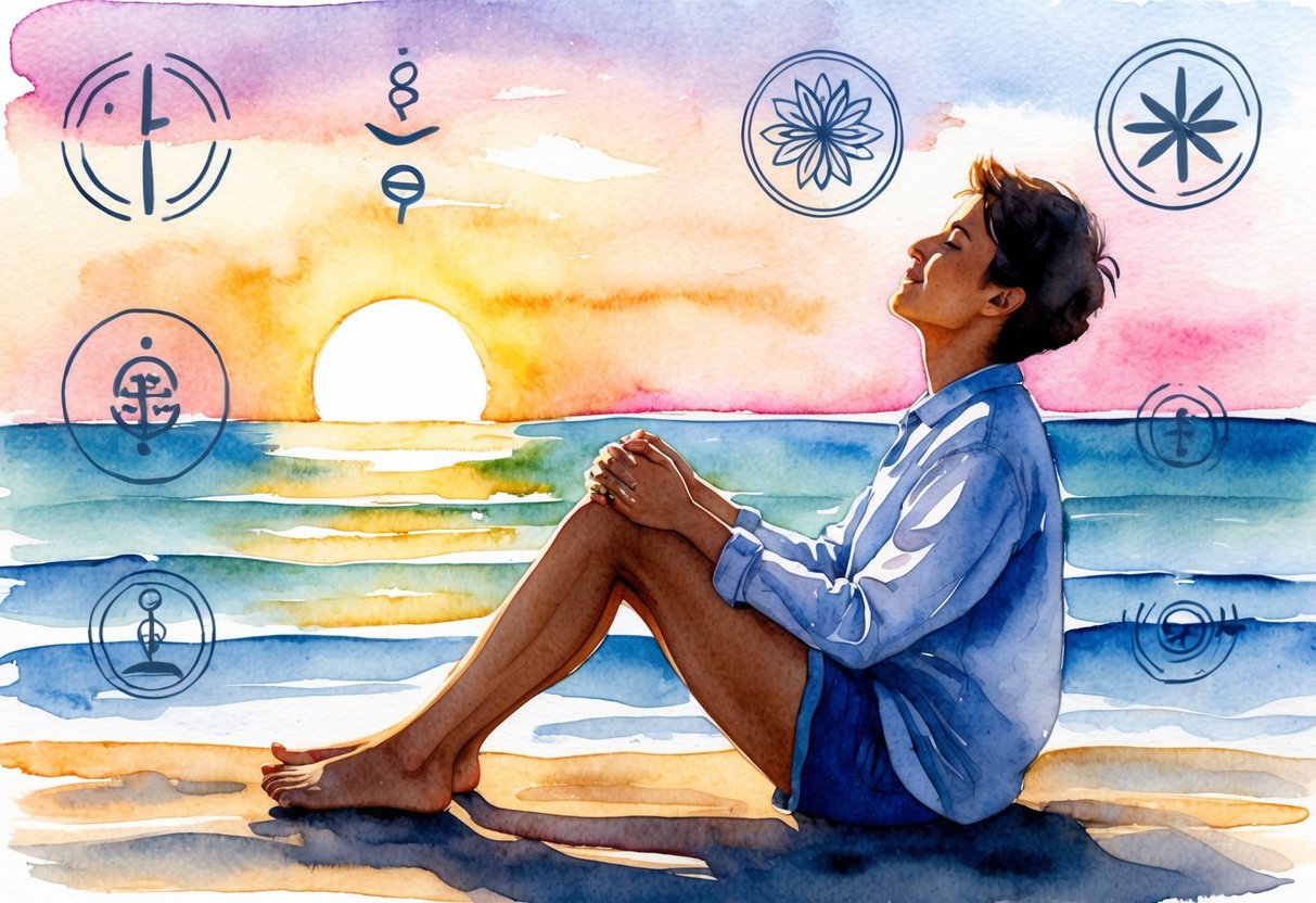 A person sitting on a beach, watching the sunset with a relaxed expression, surrounded by symbols of fulfillment and contentment