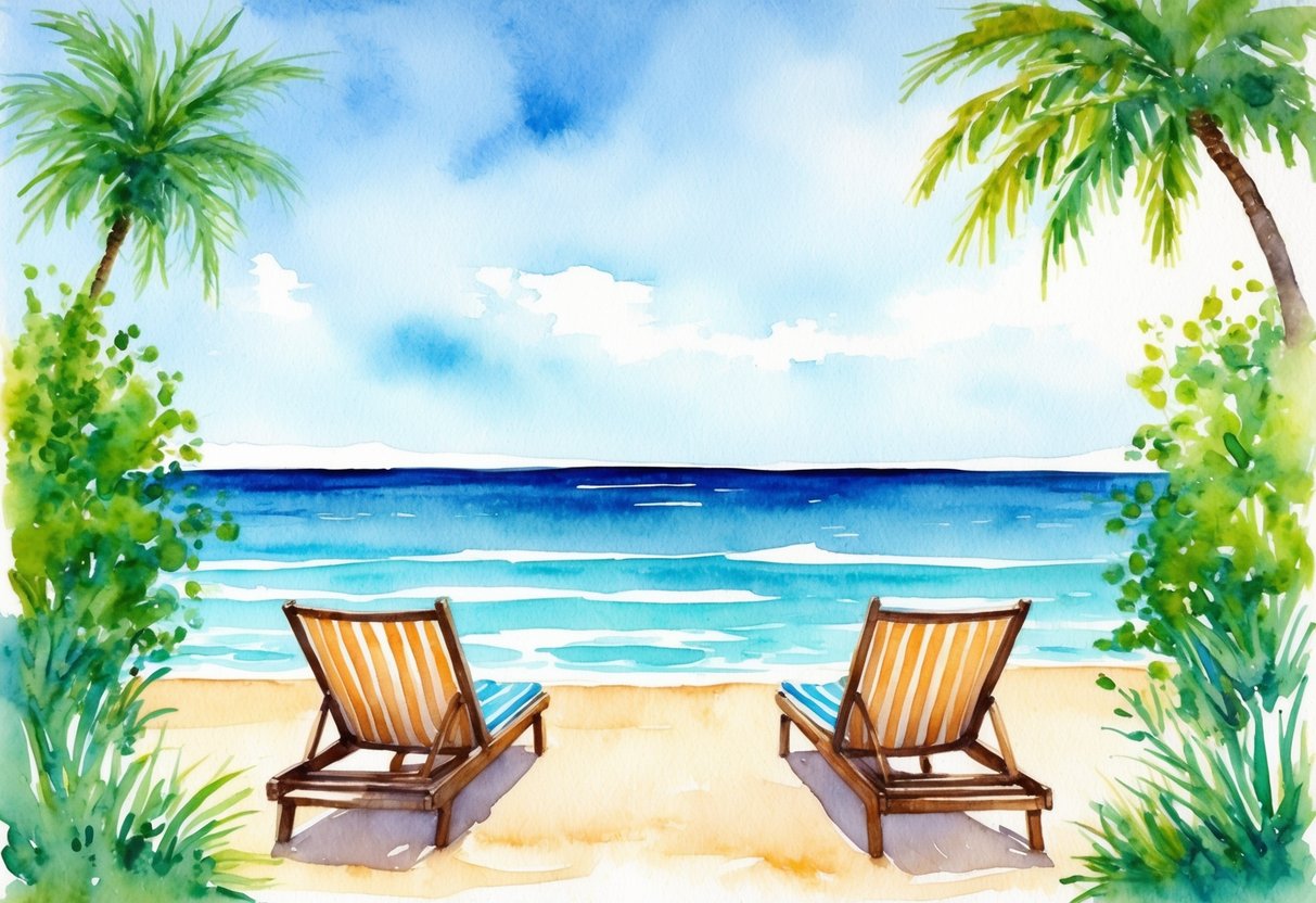 A serene, sunlit beach with two lounge chairs facing the ocean, surrounded by lush greenery and a clear blue sky
