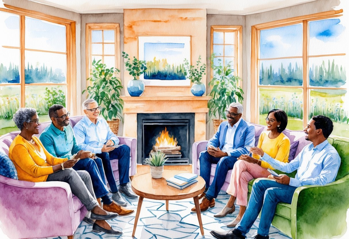 A diverse group of people discussing retirement savings strategies in a cozy living room with a fireplace and large windows overlooking a peaceful garden