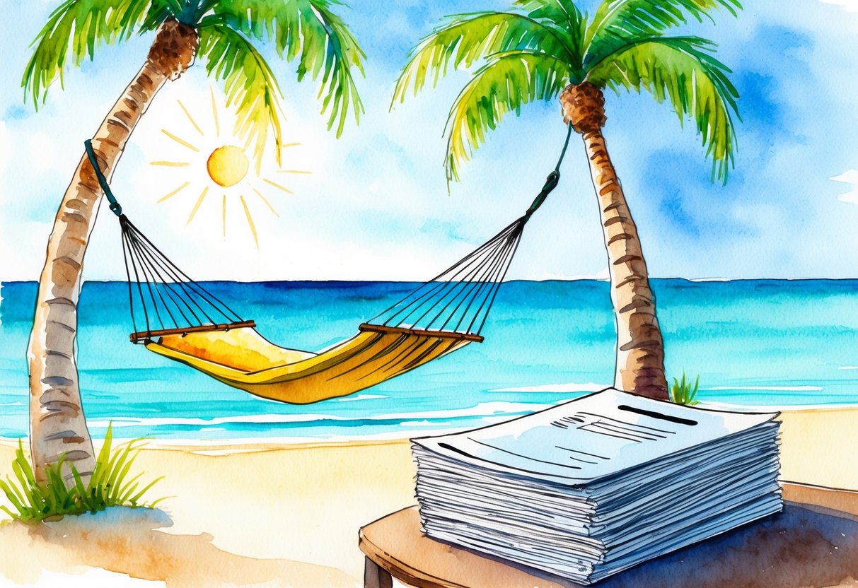 A serene, sunlit beach with a hammock strung between two palm trees, overlooking a calm, turquoise ocean. A stack of financial documents sits on a nearby table