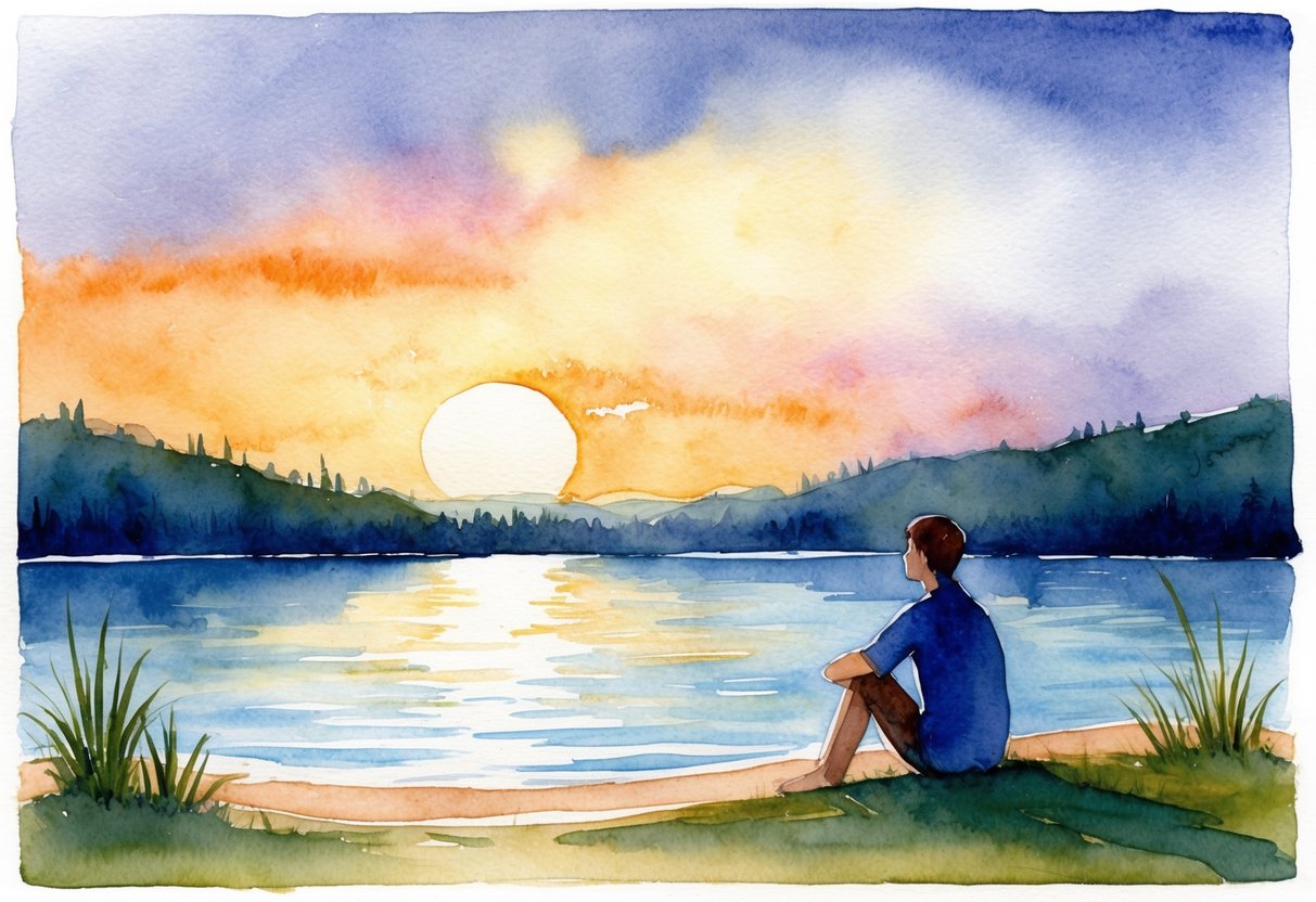 A serene sunset over a tranquil lake, with a lone figure sitting on the shore, gazing into the distance with a sense of contentment and peace