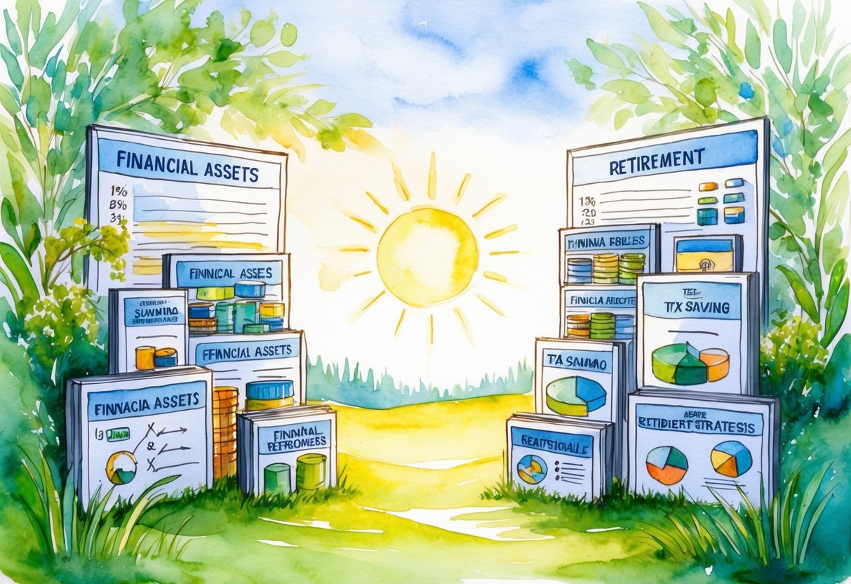 A serene, sunlit retirement scene with a diverse array of financial assets and tax-saving strategies displayed, surrounded by peaceful nature
