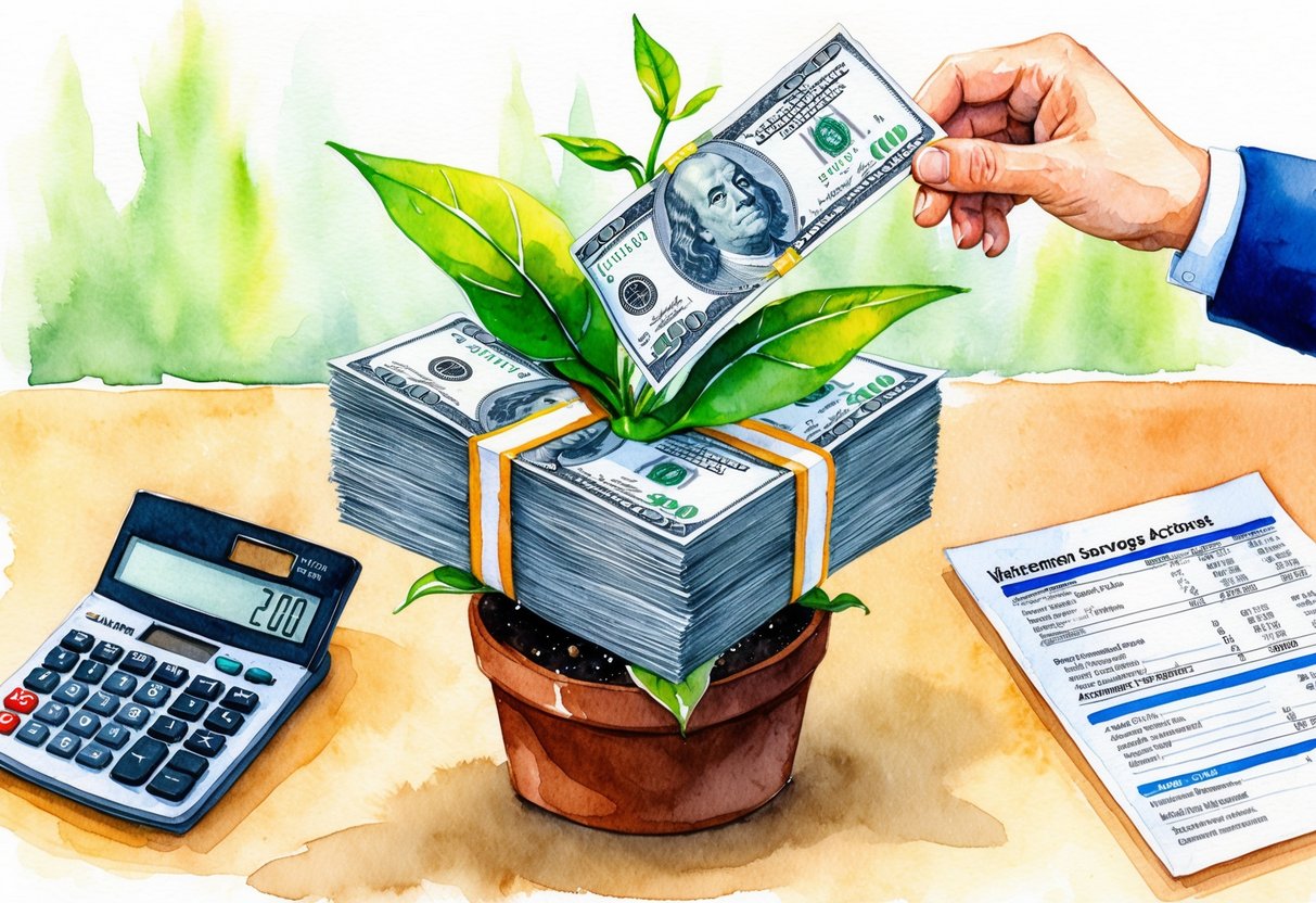 A stack of money growing from a plant, with some bills being withdrawn by a hand. A calculator and a retirement savings account statement are visible nearby