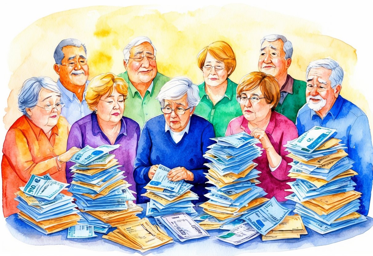 A group of retirees surrounded by piles of bills and financial statements, looking overwhelmed and regretful