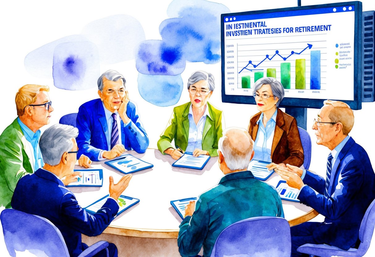 A group of retirees sitting around a table, looking frustrated as they discuss financial concepts. A chart with investment strategies for retirement is displayed on a nearby screen