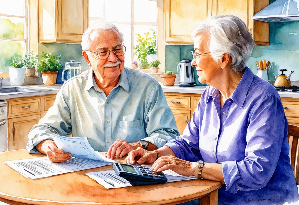 A serene, elderly couple sits at a kitchen table with papers and a calculator, discussing retirement tax strategies. A warm, inviting atmosphere is evident, with soft lighting and comforting surroundings