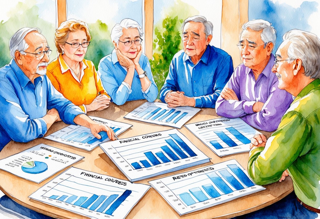 A group of retirees gathered around a table, discussing financial concepts with regretful expressions. Charts and graphs are spread out in front of them, illustrating their missed opportunities