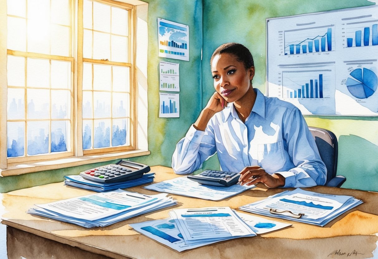 A serene, sunlit office with a desk covered in financial documents and a calculator. A person sits with a thoughtful expression, surrounded by charts and graphs