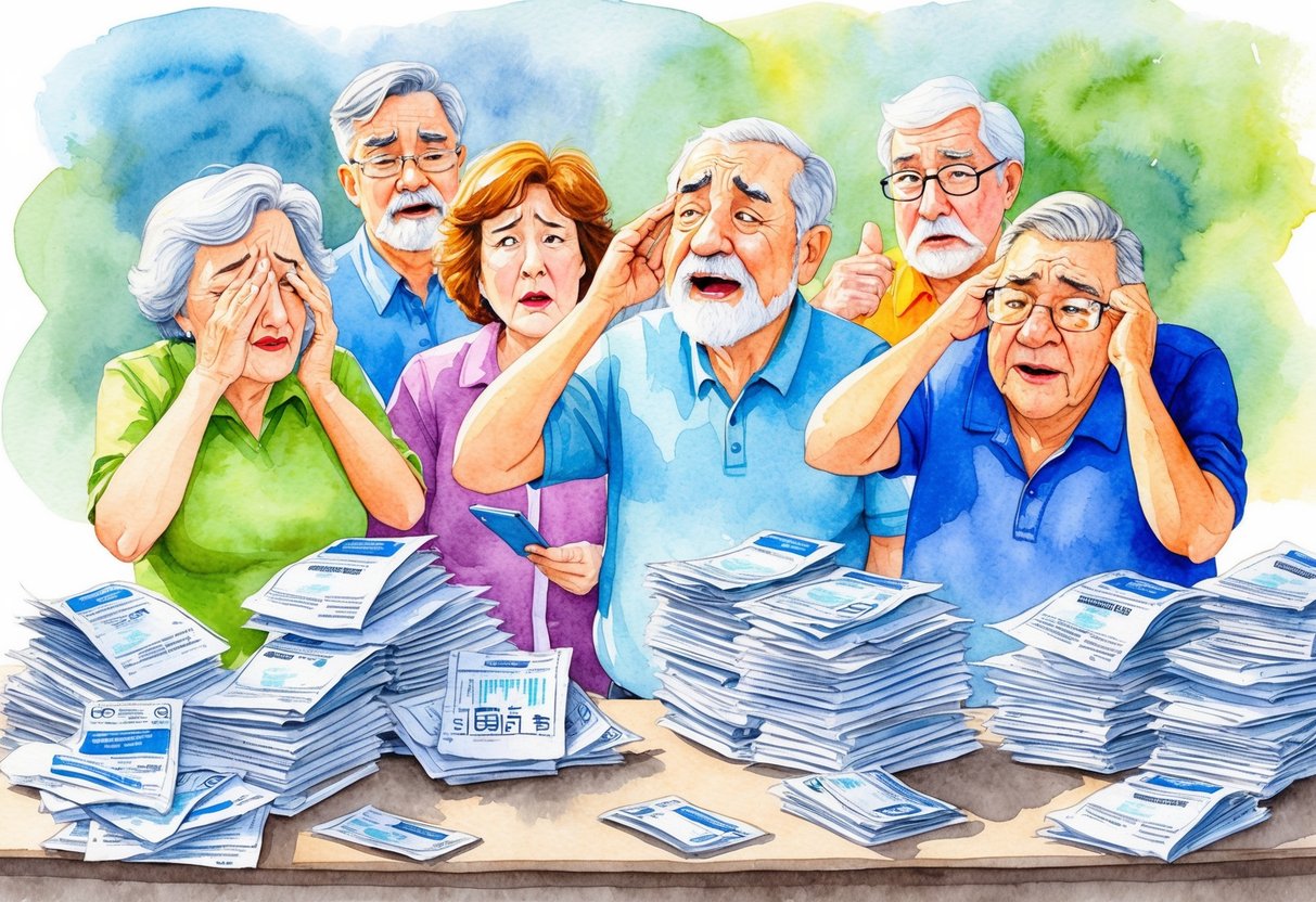 A group of retirees look frustrated while surrounded by piles of medical bills and insurance paperwork. They shake their heads in regret, realizing they should have learned basic financial concepts