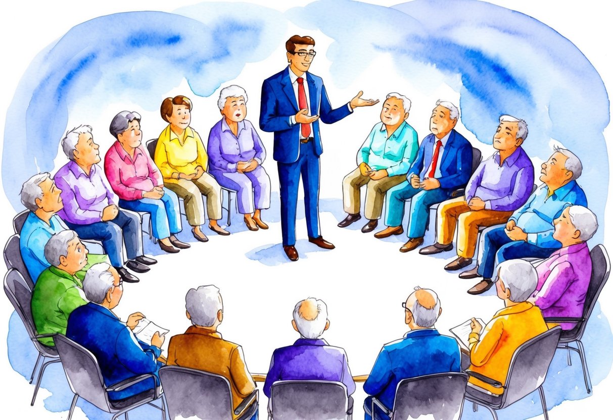 A group of retirees sit in a circle, looking regretful as they discuss basic financial concepts. A financial advisor stands in the center, gesturing and explaining