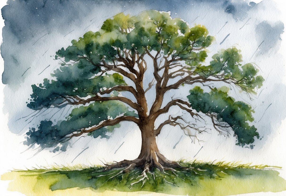 A strong oak tree stands tall amidst a storm, its roots firmly planted in the ground while its branches sway in the wind