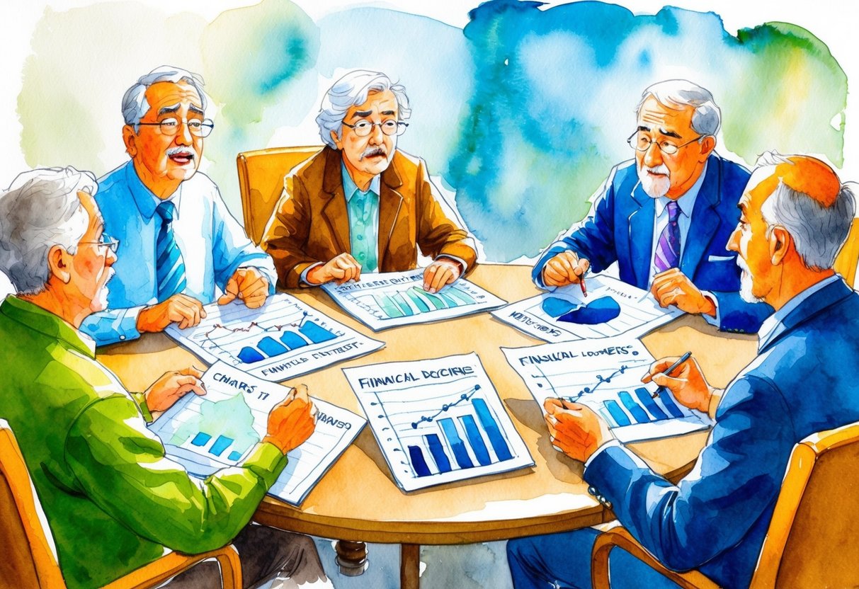 A group of retirees sit around a table, looking frustrated as they discuss financial decisions. Charts and graphs are spread out in front of them, highlighting their lack of understanding in basic financial concepts