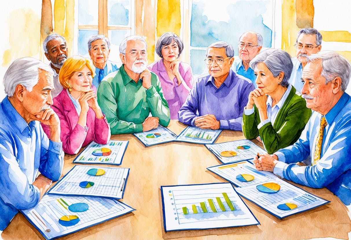 A diverse group of retirees sitting around a table, some looking regretful while others appear thoughtful. Charts and graphs are spread out, indicating financial planning