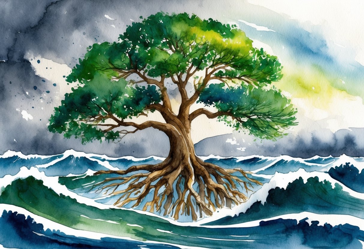 A sturdy oak tree with roots deep in the ground, surrounded by a stormy sky and turbulent waves, symbolizing stability and protection during economic downturns