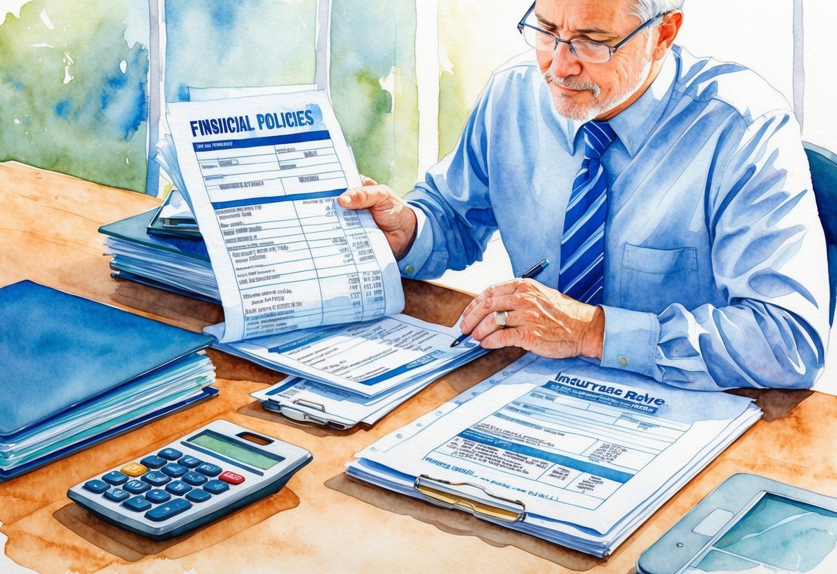 A middle-aged person reviewing financial documents and insurance policies at a desk, surrounded by folders, a calculator, and a laptop