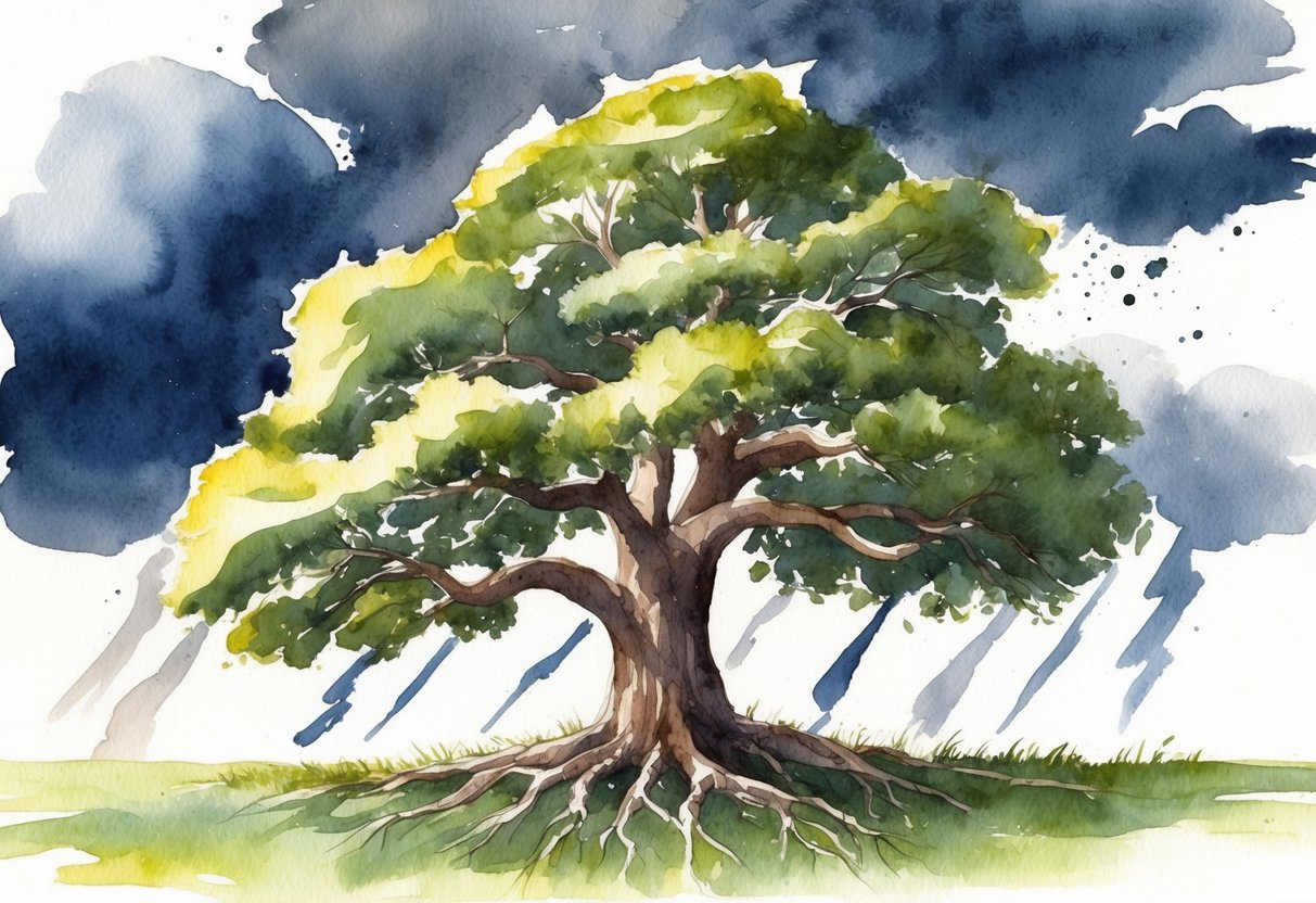 A sturdy oak tree with roots deeply anchored in the ground, surrounded by storm clouds but standing tall and resilient