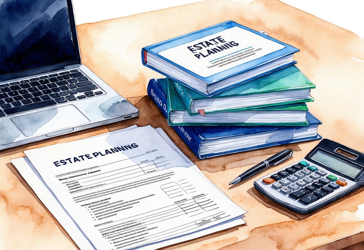 A desk with a laptop, financial documents, and a stack of books on estate planning. A calculator and pen sit nearby