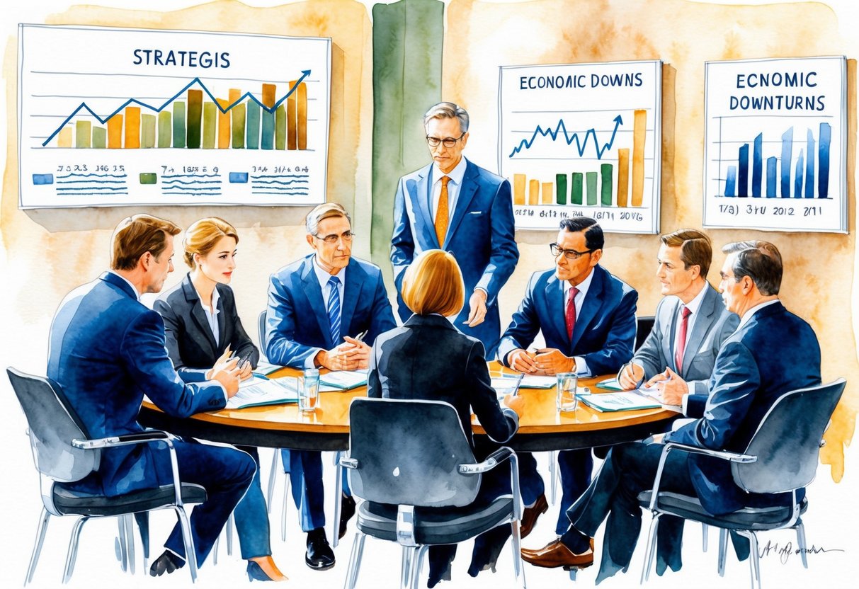 A group of financial professionals discussing strategies around a table, with charts and graphs depicting economic downturns on the wall