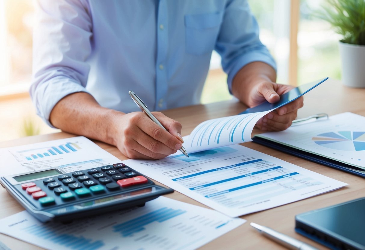 A person over 40 reviewing financial documents and credit reports, with a calculator and budgeting tools on a desk