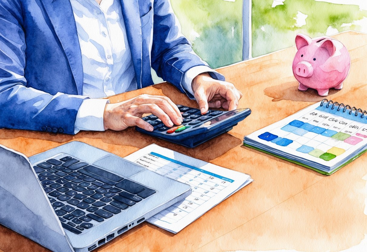A person sitting at a desk with a laptop, calculator, and financial documents. A calendar and piggy bank are nearby