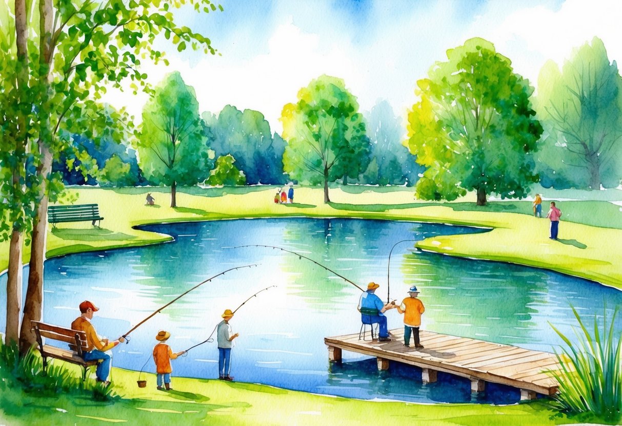 A serene park with a peaceful pond surrounded by lush greenery and a wooden dock, where people are fishing and enjoying the tranquility