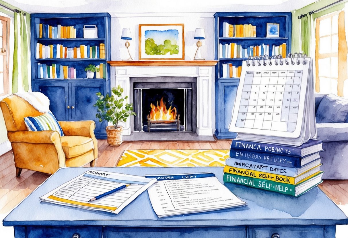 A cozy living room with a fireplace, bookshelves, and a comfortable armchair. A desk with a computer and financial documents. A calendar with important dates and a stack of financial self-help books