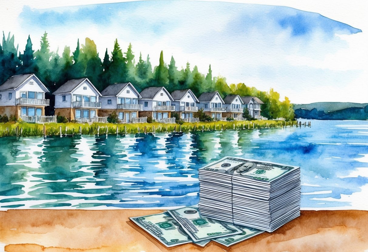 A serene lakeside with a row of rental properties, a bustling online business, and a stack of dividend checks on a desk