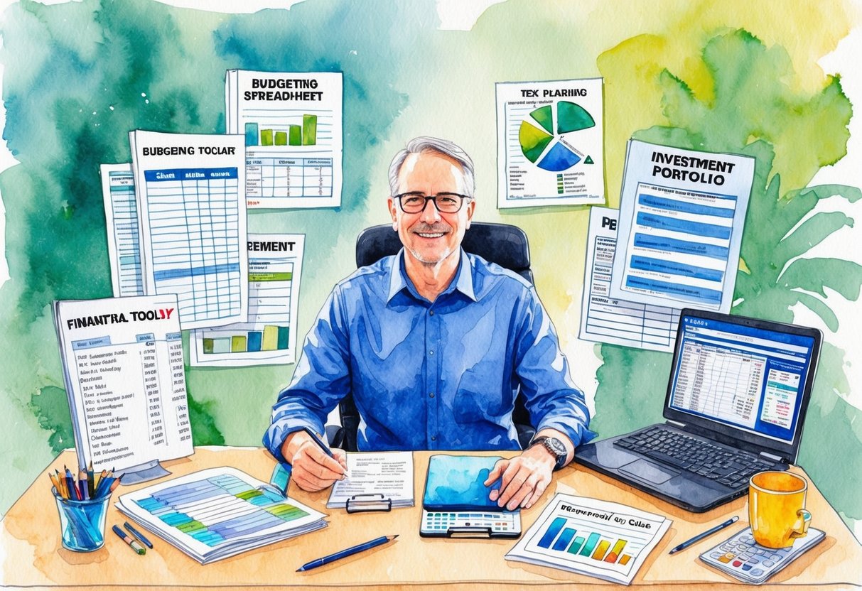 A person over 40 sitting at a desk surrounded by various financial toolkits, such as budgeting spreadsheets, retirement planning guides, investment portfolios, and tax preparation software