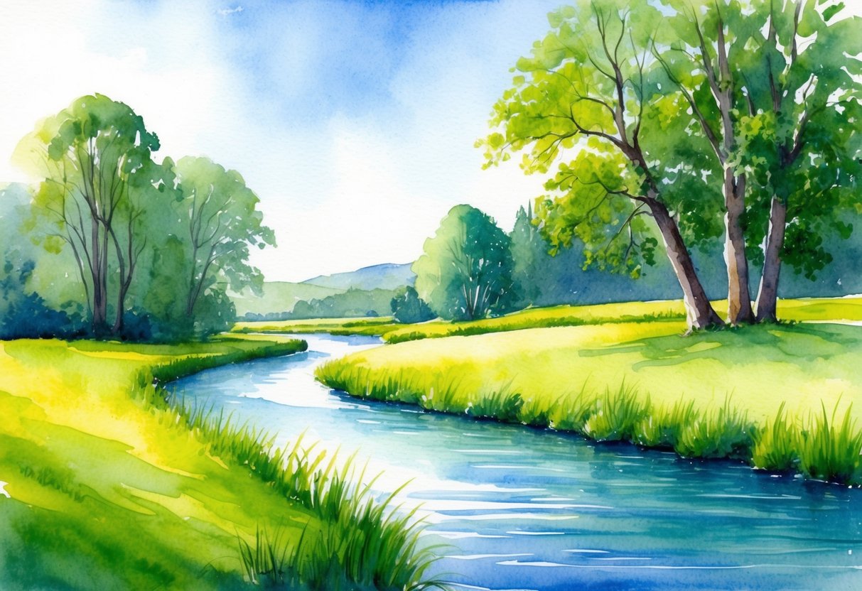 A serene and idyllic landscape with a tranquil river flowing through lush green fields, surrounded by tall trees and a clear blue sky overhead