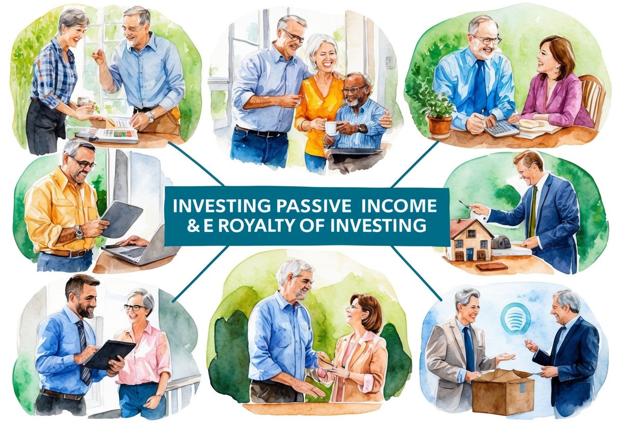 A series of interconnected scenes showing people of different ages engaging in various passive income activities, such as investing, real estate, and royalties