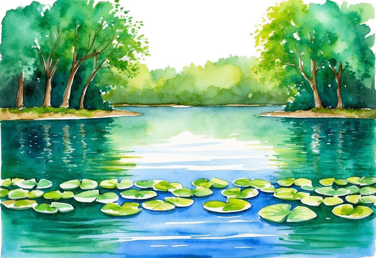 A serene lake surrounded by lush green trees, with a row of peaceful, floating lily pads representing the concept of passive income and retiring on one's own terms