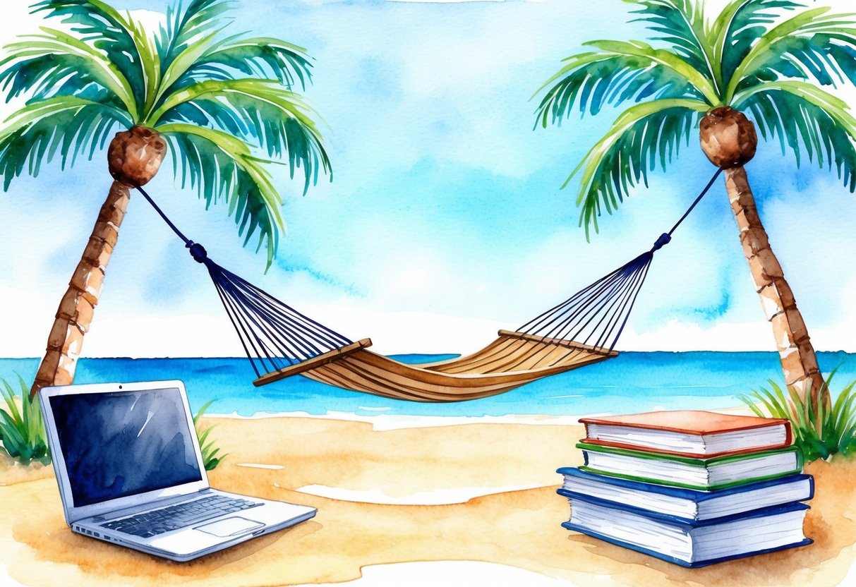 A serene, secluded beach with a hammock strung between two palm trees, a laptop and a stack of books nearby, symbolizing the allure of passive income for a relaxing retirement