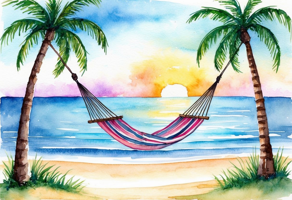 A serene beach with a hammock strung between two palm trees, overlooking a calm ocean with a colorful sunset in the background