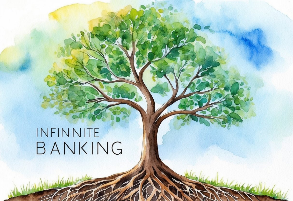 A tree with roots reaching deep into the ground, while its branches stretch out to touch the sky, symbolizing the growth and stability of the Infinite Banking Concept