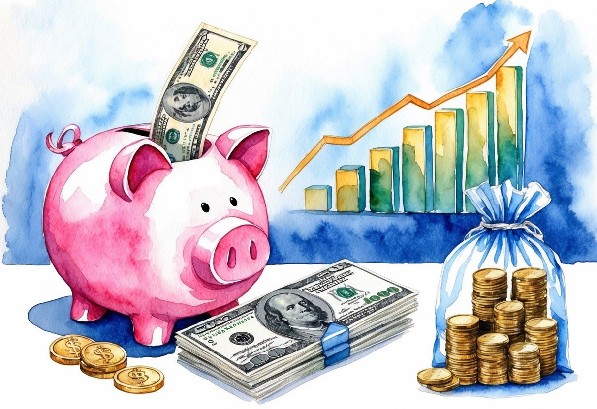 A piggy bank being filled with coins and dollar bills, a graph showing an upward trend, and a person adding money to a retirement account