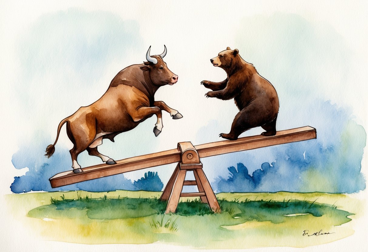 A bull and a bear facing off on a seesaw, with the bull side weighted down and the bear side lifted high