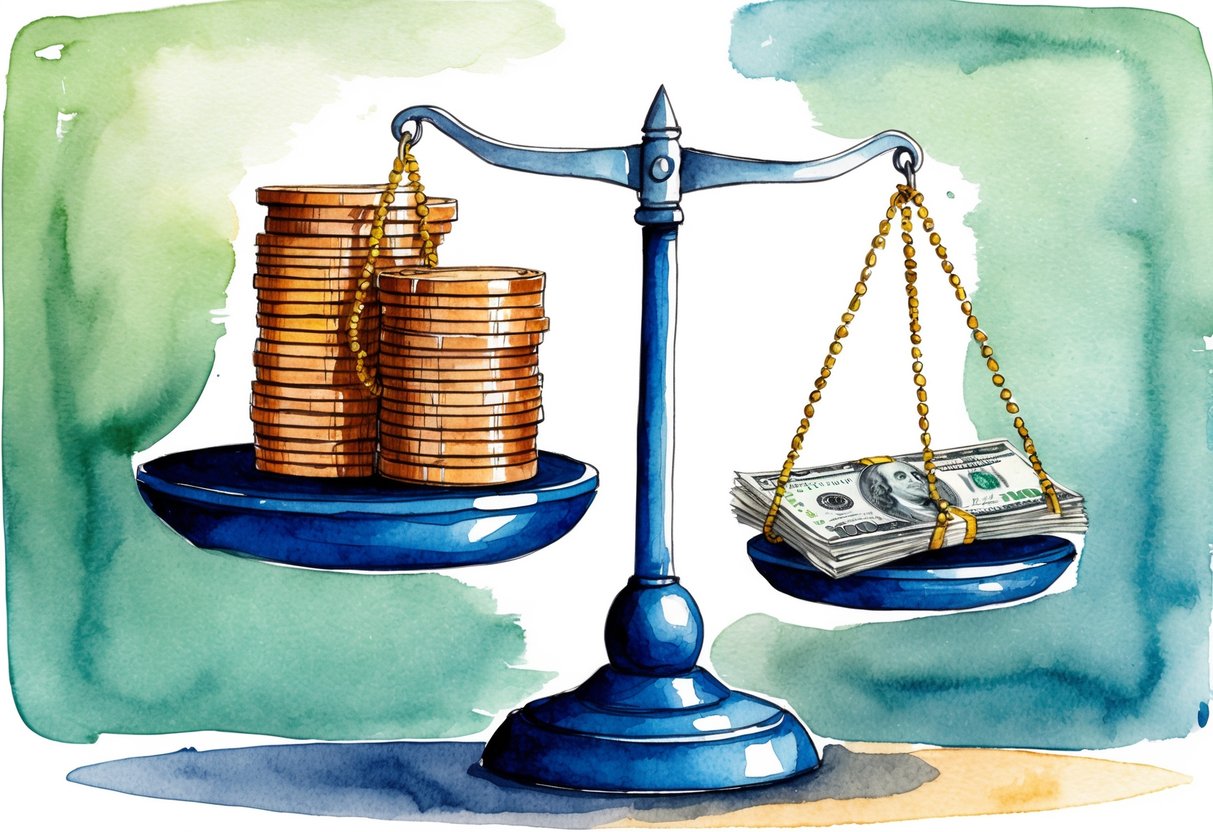 A stack of coins and dollar bills on a scale, with a small amount of money on one side and a larger amount on the other, symbolizing the concept of leverage in growing wealth
