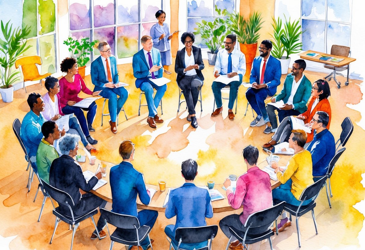 A diverse group of people gather in a circle, exchanging ideas and networking in a vibrant community setting