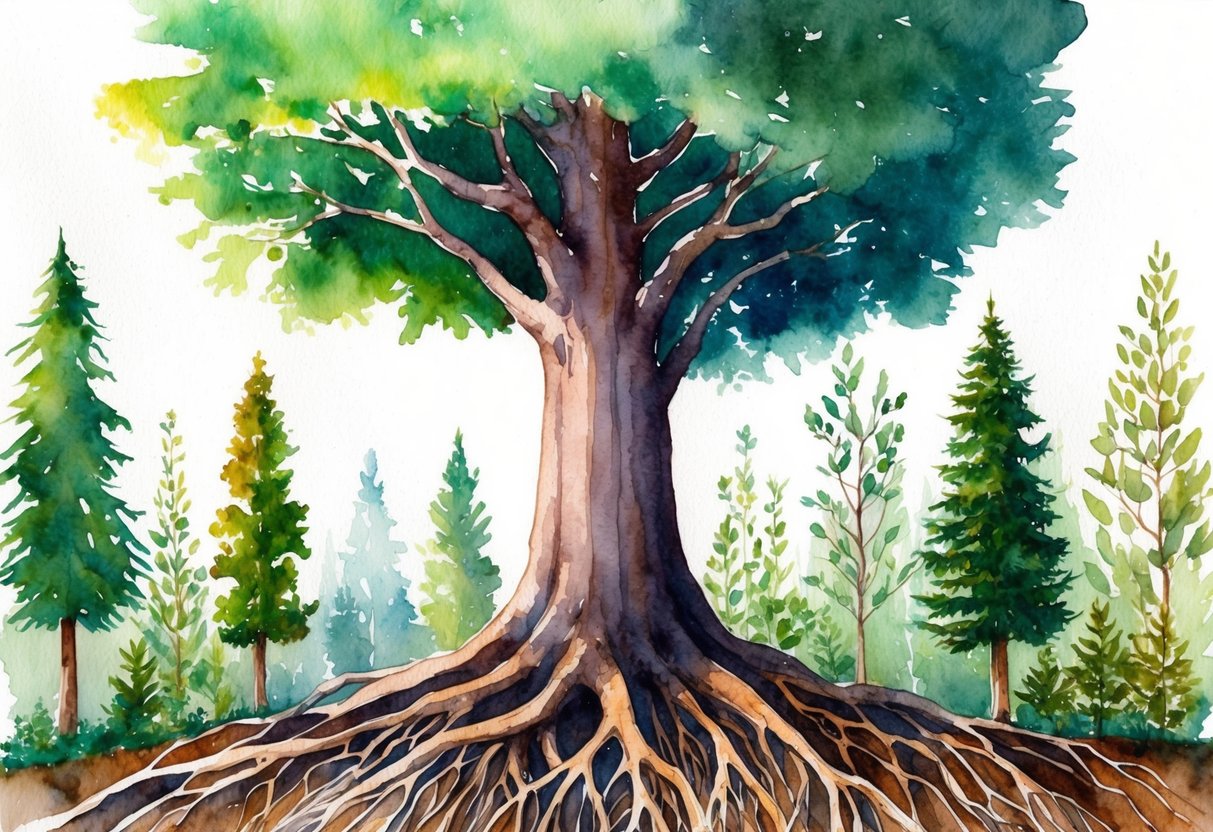 A large tree with roots digging deep into the ground, surrounded by smaller trees and plants reaching towards the sky