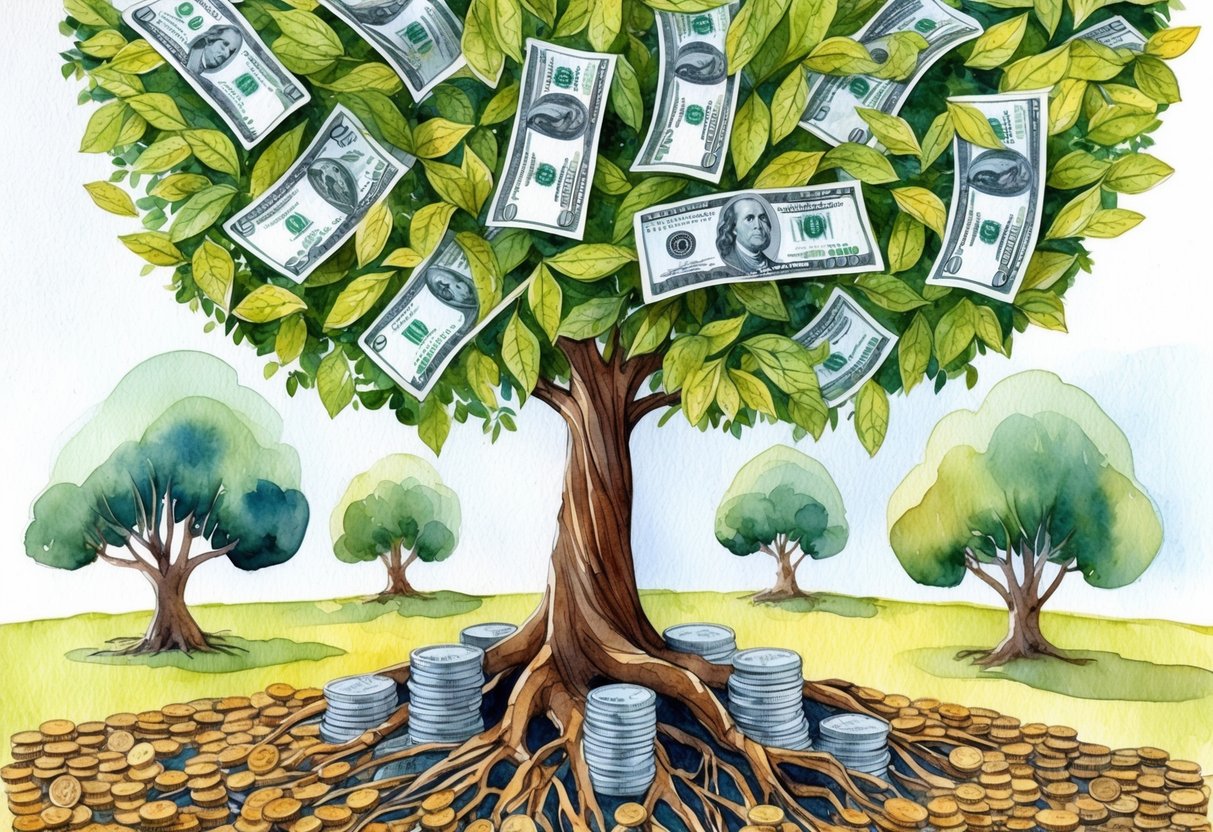 A tree growing tall with dollar bills for leaves, surrounded by smaller trees with roots entwined around stacks of coins