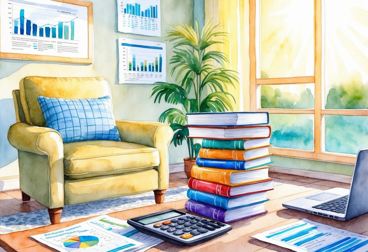A serene, sunlit living room with a cozy armchair and a stack of financial planning books on a coffee table. A laptop and calculator sit nearby, surrounded by retirement account statements and investment charts