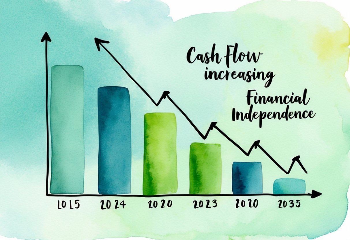 A graph showing cash flow increasing over time, with arrows pointing towards financial independence