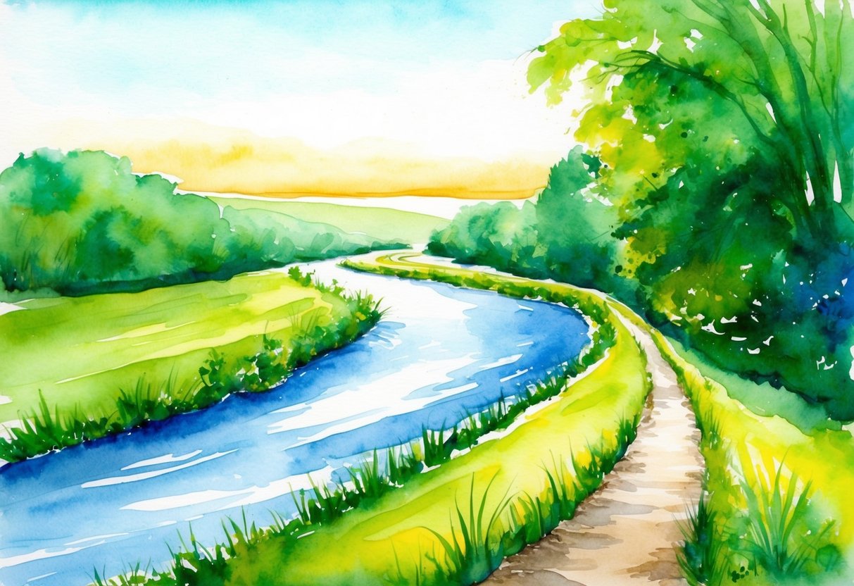 A river flowing through a lush, green landscape, with a clear path leading towards a bright horizon