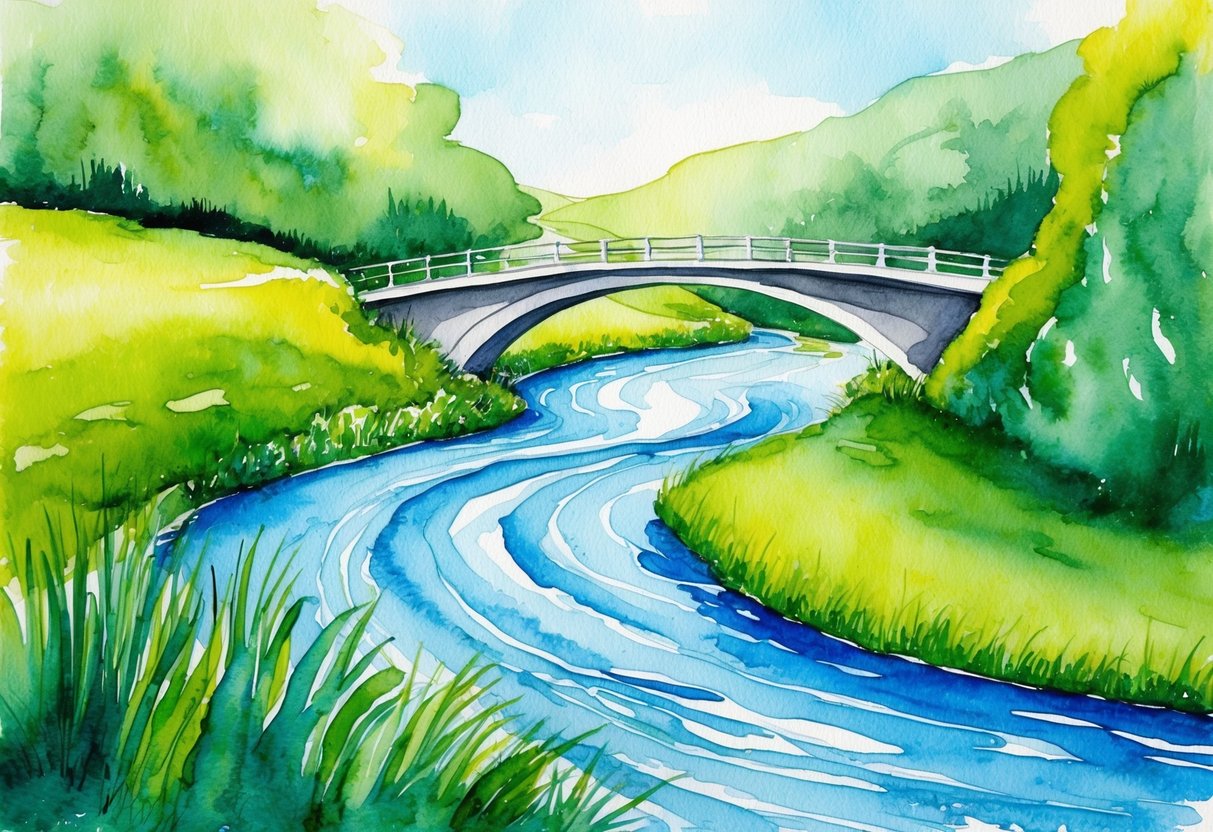 A serene, flowing river winding through a lush, green landscape with a bridge spanning the water, symbolizing the consistent cash flow of financial independence